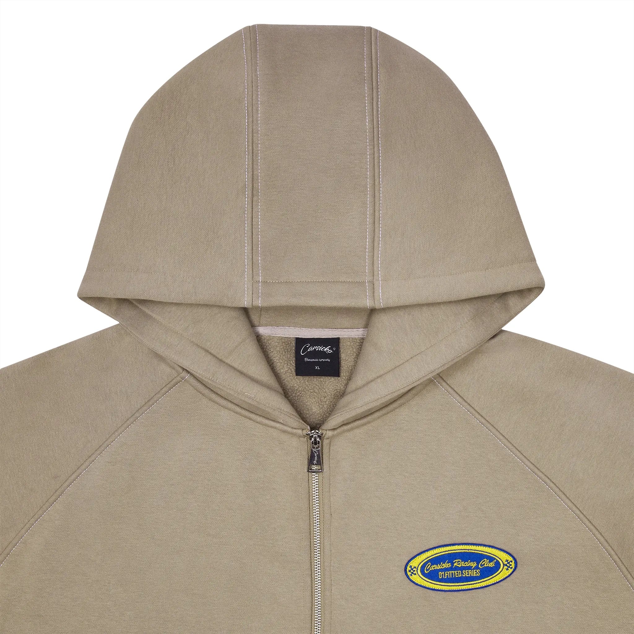 Hood view of Carsicko Racing Club Zip-Up Cream Hoodie